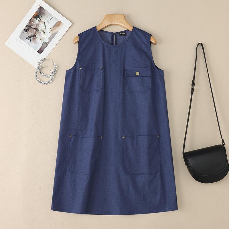 

VONDA Women O Neck Sleeveless Decorative Pocket Casual Mini Tank Dress 5XL синий