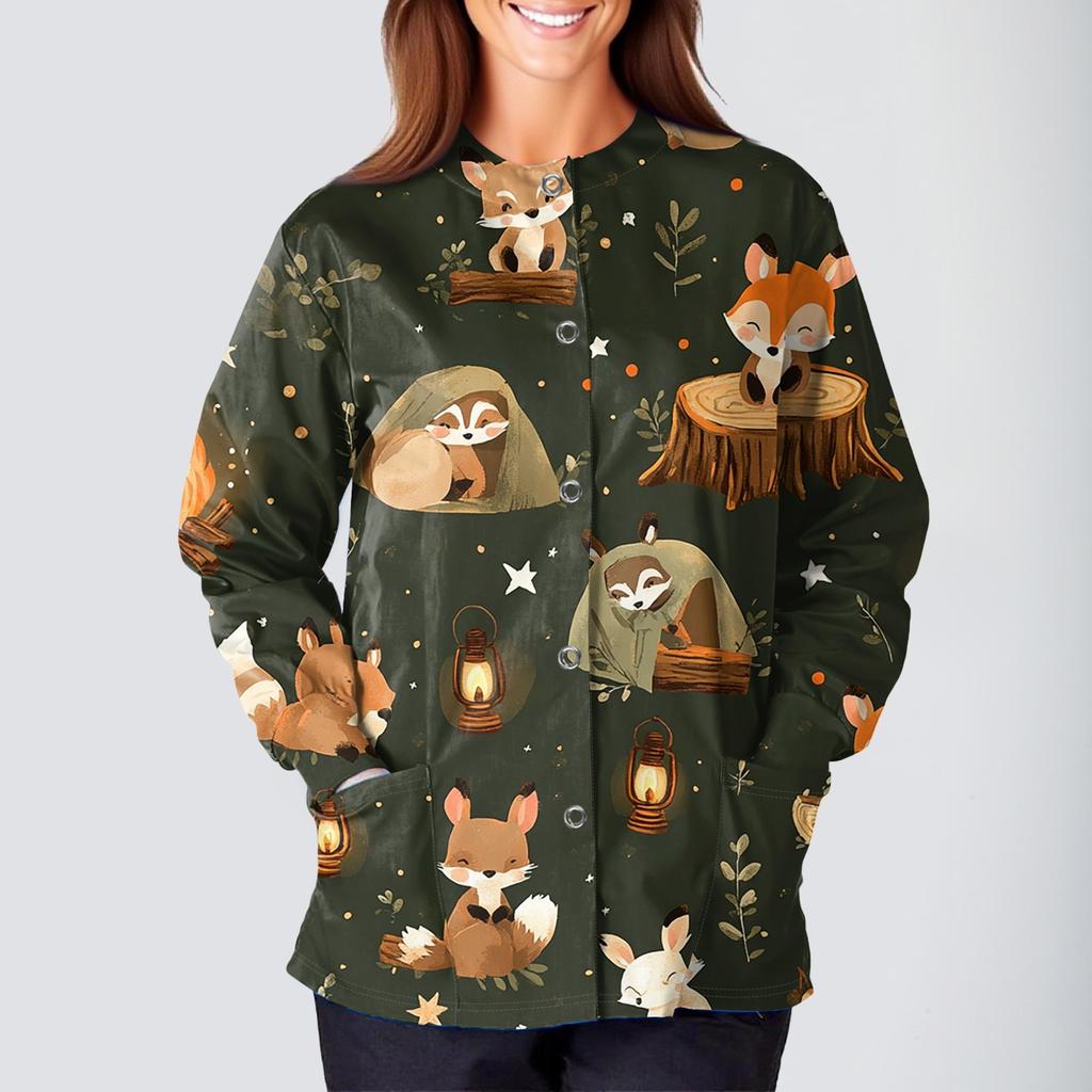 Women's Casual Fashion Long Sleeve Standing Lapel Single Breasted Cute Animal Printed  Workwear Jacket Tops