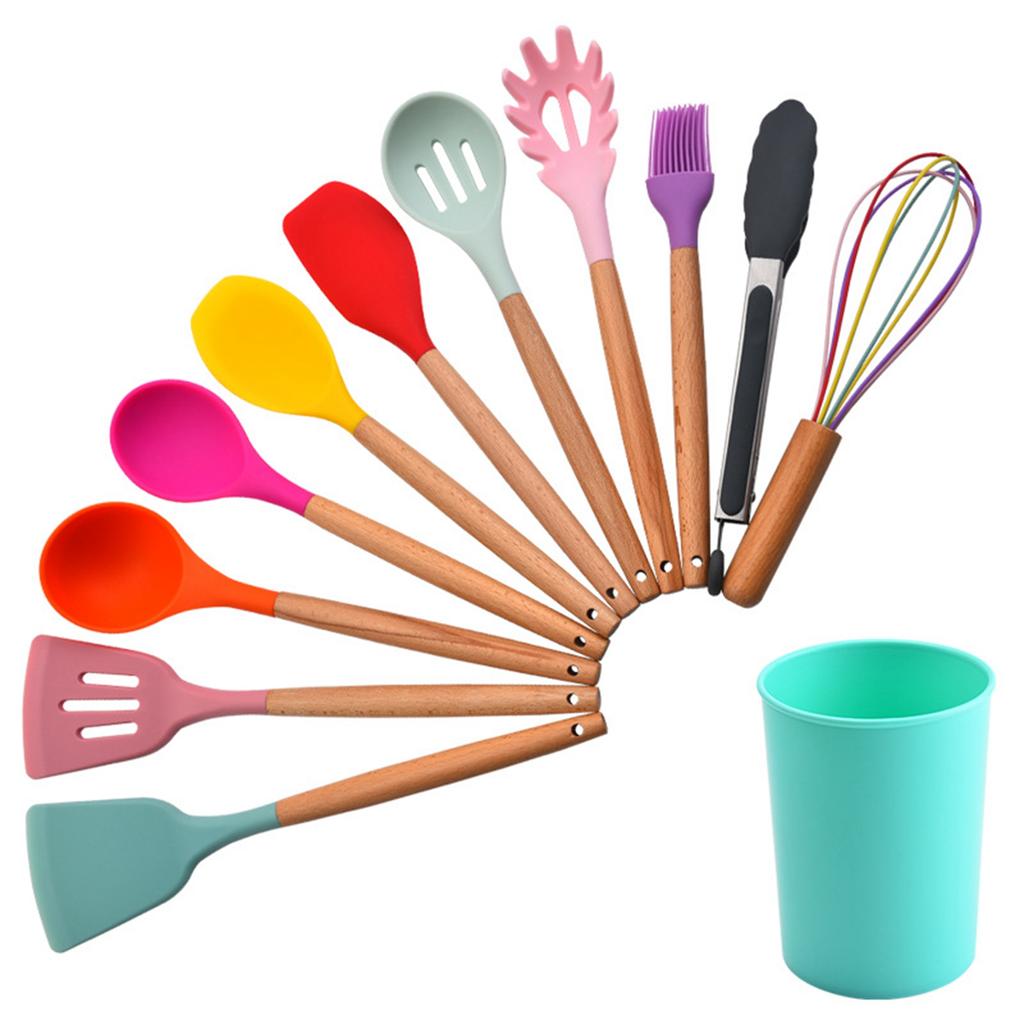 12-teiliges Kochutensilien-Set Silikon Bunt Holzgriff Kochen Küchenutensilien-Set Bunt