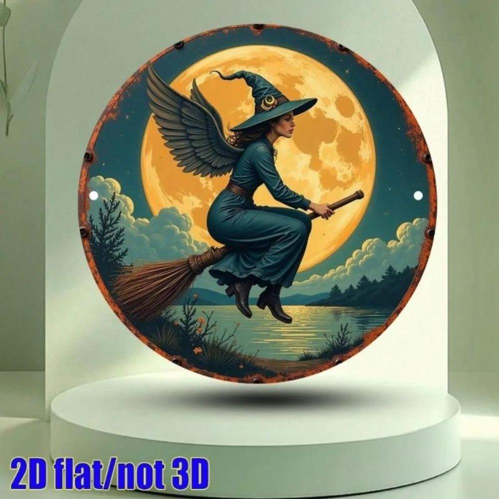 Magic Winged Witch Metal Round Sign Vintage 2D Flat Wall Decor 7.8x7.8 Inch Waterproof Aluminum Art Home Garden Cafe Bar Decor