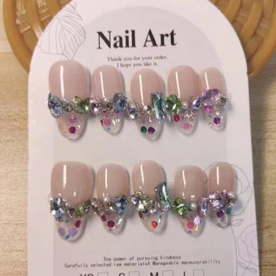 [Handgefertigt] Mandelform Transparent Rosa Französischer Diamant Künstliche Nagelkunst Phototherapie Falsche Nägel Wiederverwendbar und Abnehmbar