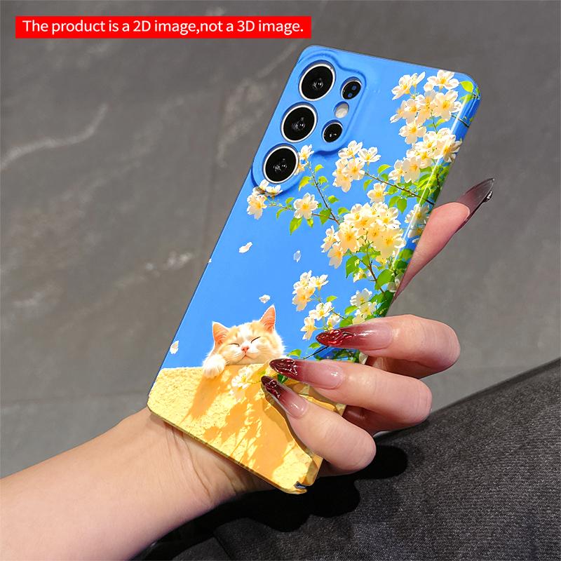 2DFlat Samsung phone case Sunlit Cat Resting on Wall Amid Falling White Flowers Applicable to Galaxy S22 S23 S24 S25ULTRA S26 A12 A13 A14 A15 A16