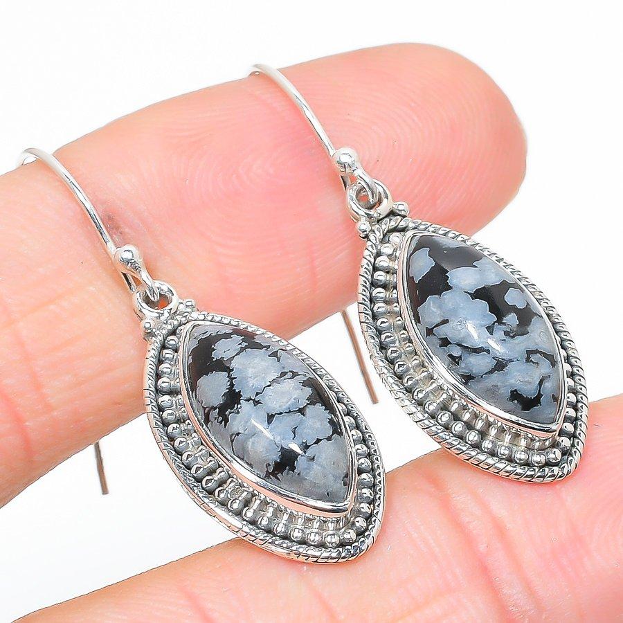 Natural Snowflake Obsidian Gemstone 925 Solid Sterling Silver Earring 1.50" A6q13