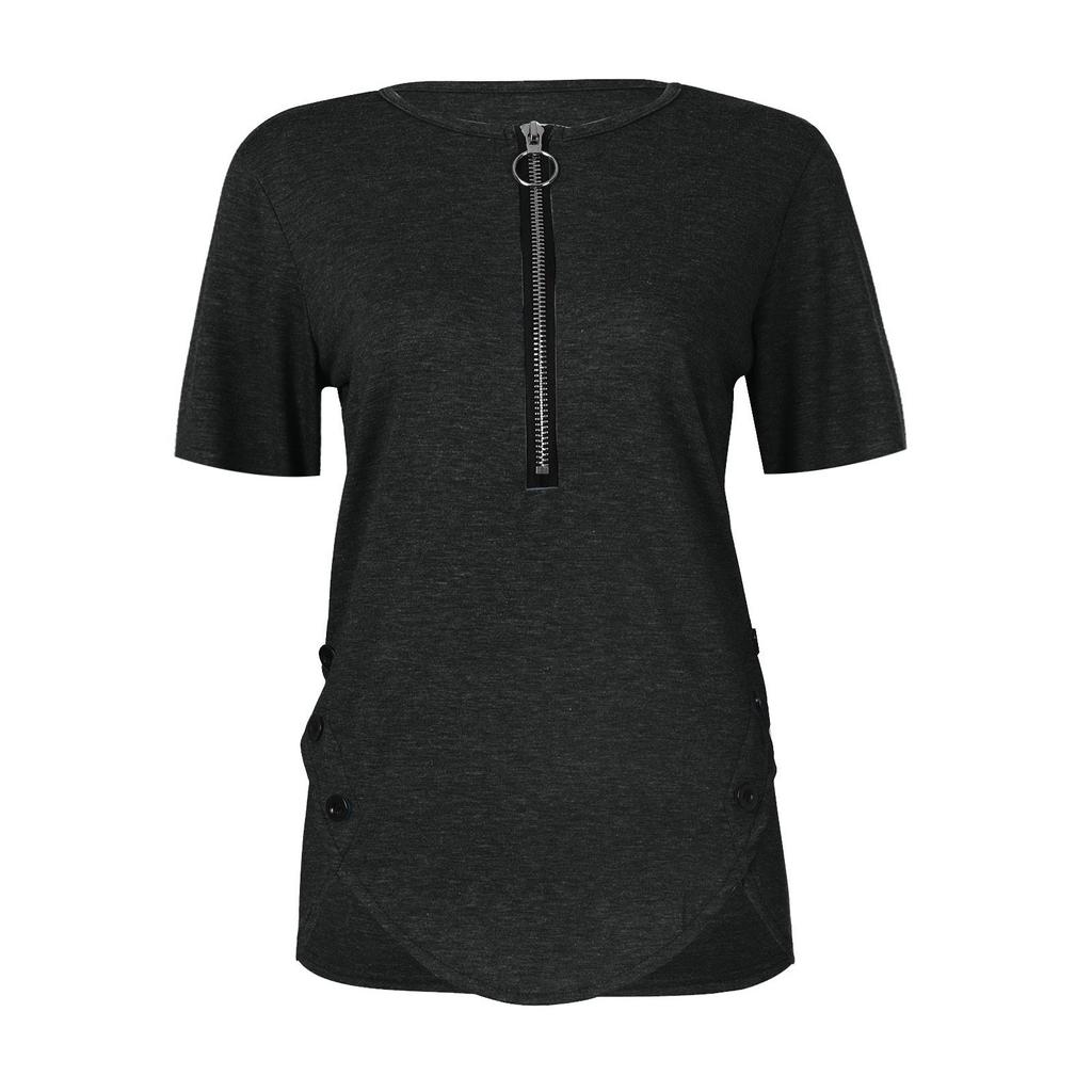 Womens Casual Color Zipper Short Sleeve Loose Top T-Shirt