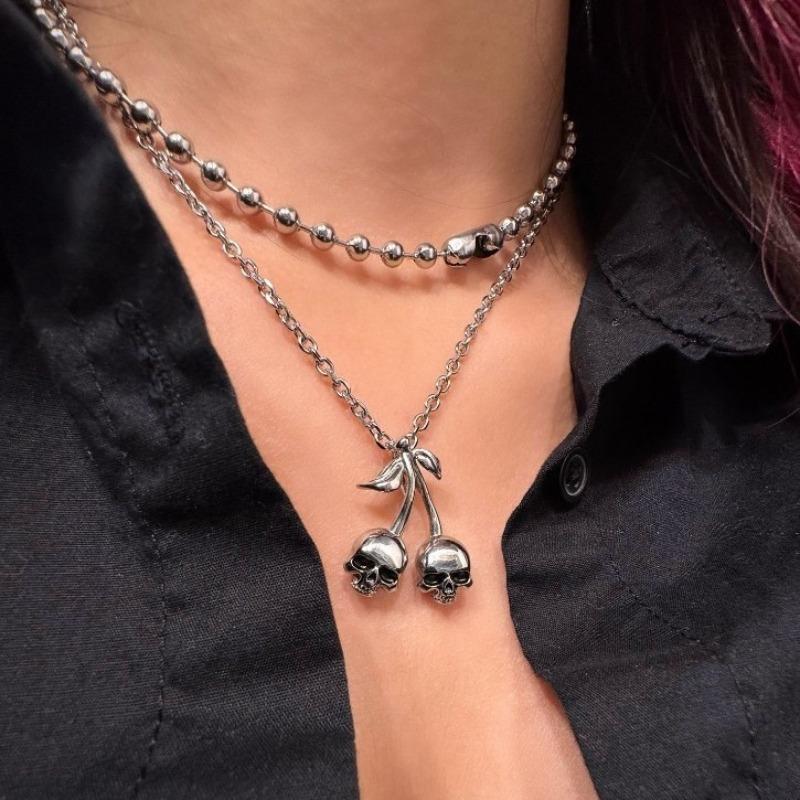 

Sweater Necklace Cherry Bow Pendant Hip Hop Punk Skull Halloween Collarbone Chain