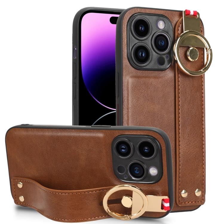 For iPhone 14 Pro Wristband Leather Back Phone Case