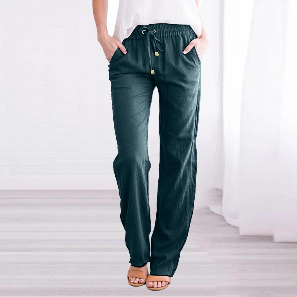 Women's Cotton Linen Drawstring Wide-Leg Pants - Solid Color, Spring/Summer Casual Collection