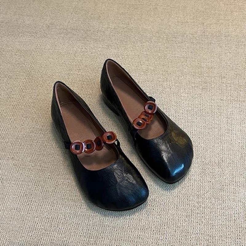 Leather French retro round head thick heel single shoes women's autumn new one-word with shallow mouth Mary Jane shoes ballet shoes