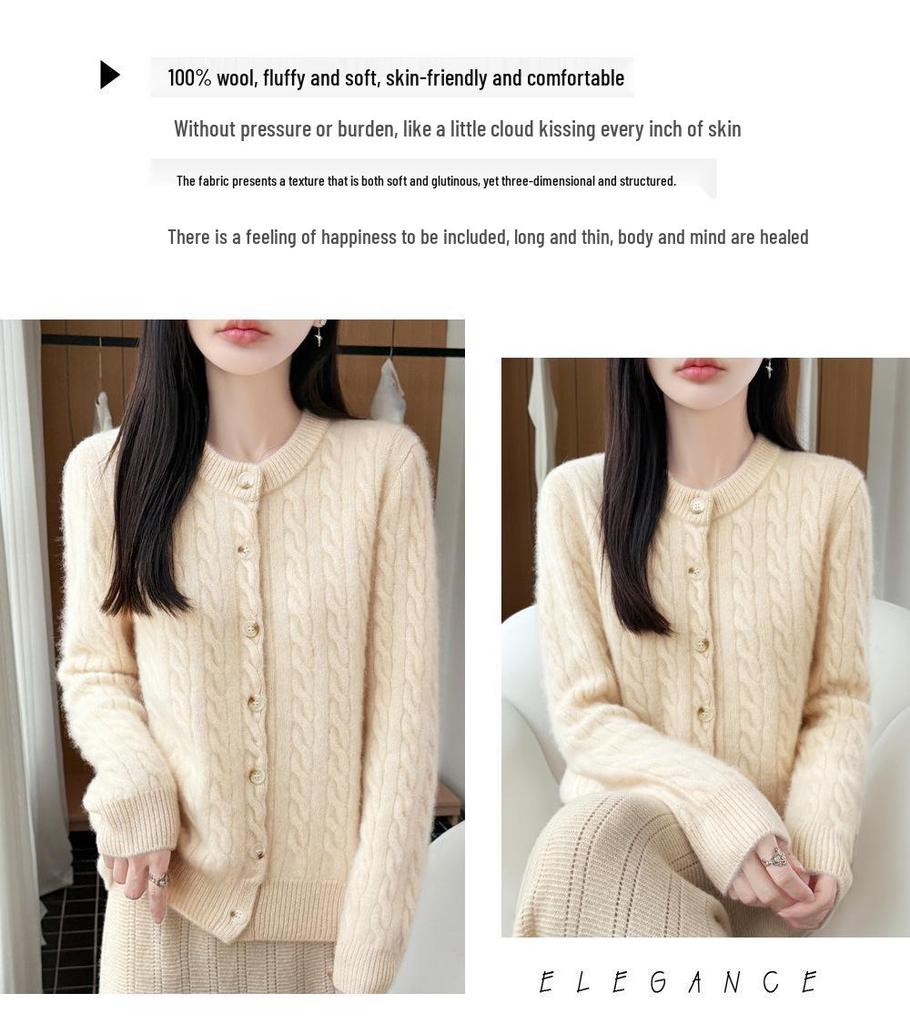 2026 A/W Women's Pure Wool Cable Knit Round Neck Cardigan Sweater - Long Sleeve, Seven-Stitch, Thickened Knit
