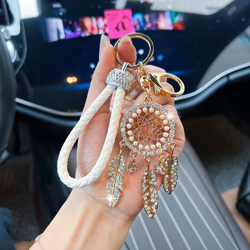 Новий підвіска-брелок для ключів автомобіля у формі ловець снів з інкрустацією стразами, креативний плетіний шнур з пір'ям, підвіска для сумки, маленький подарунок