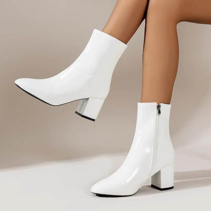 Kotníkové boty pro ženy Boční zip Strečový Střední podpatek Velká velikost Krátké kozačky Módní Špičaté Botas De Mujer