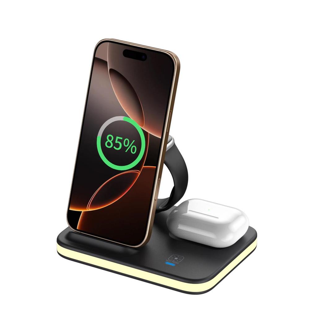 15W Foldable Magnetic Stand: 3-in-1 Wireless Charger for Phone, Watch & Earbuds