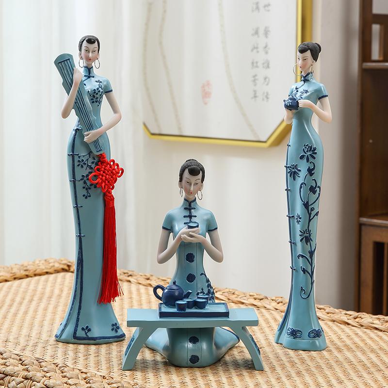 Chinese Classical Figurine Cheongsam Lady Statue Living Room TV Cabinet Art Decor