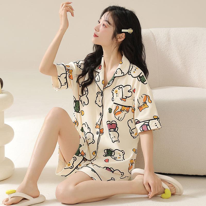 Can Wear Pajamas Women's Summer Cute Cartoon Bear Cotton Short-sleeved Cardigan Loungewear Women's Suit
