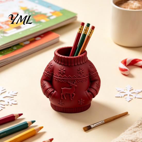 Unique Holiday Gift for Office 3D Printed Sweater Pen Holder, Creative Desk Organizer with Elk Snowflake Relief Home Matte Texture Storage School