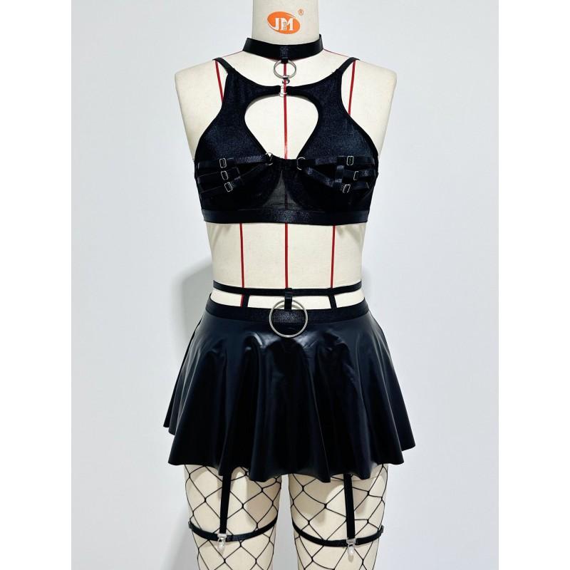 Sexy Lingerie Set: Solid Color Faux Leather Skirt With Mesh Stockings Adjustable Strap Push-Up Bra Roleplay Costume