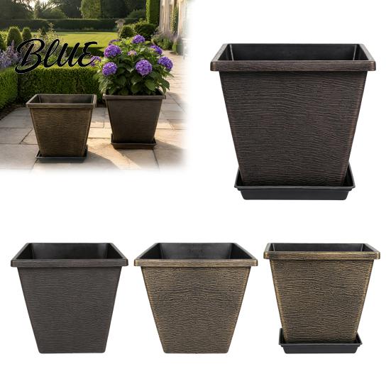 Garden Decoration Accessories Square Resin Planter 10 Inch Large Plant Pot with Drainage Hole Modern Retro Style Planter Pots Decorative Saucer for