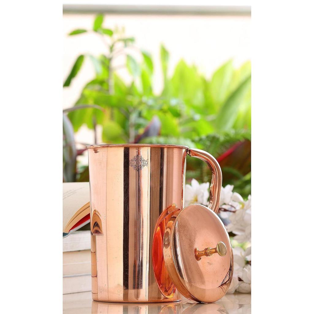 Plain Shine Design Copper Jug Pitcher with Brass Knob, Storage & Serving Water, Yoga Ayurveda Healing, Volume- 2000 ML