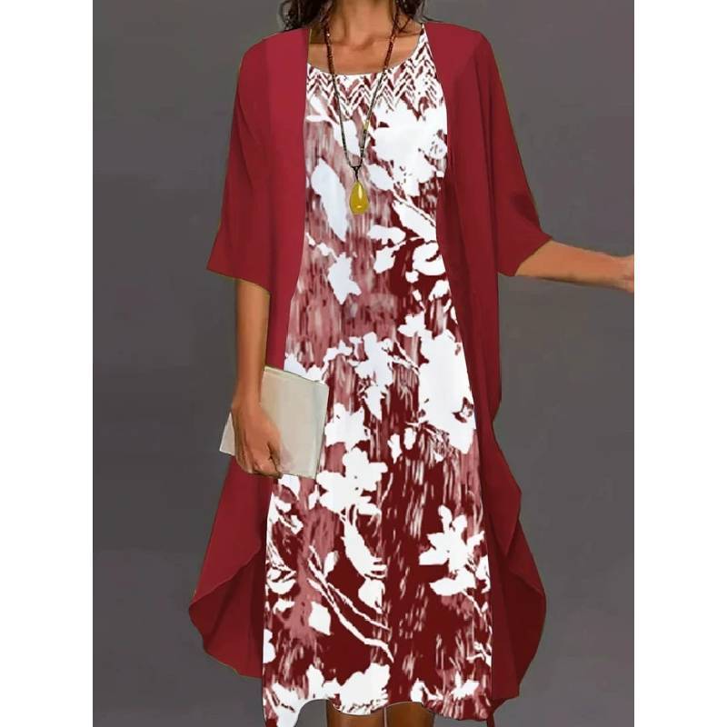 Elegant Polyester Chiffon Twopiece Dress With 3d Print For Spring Fashion
