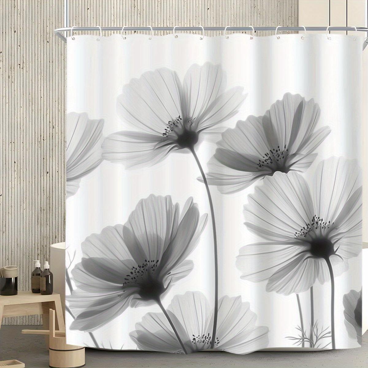 A Shower Curtain Made of Polyester Fabric Featuring a Black Cosmos Flower Print on a White Background W90xH180cm