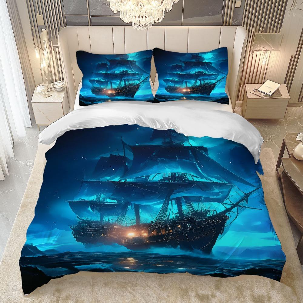 3pcs Blue Bedding Set Ocean Mist Ghost Ship Printed Cozy Duvet Cover Set King Queen Twin Single Size Birthday Gift Bedroom Decor
