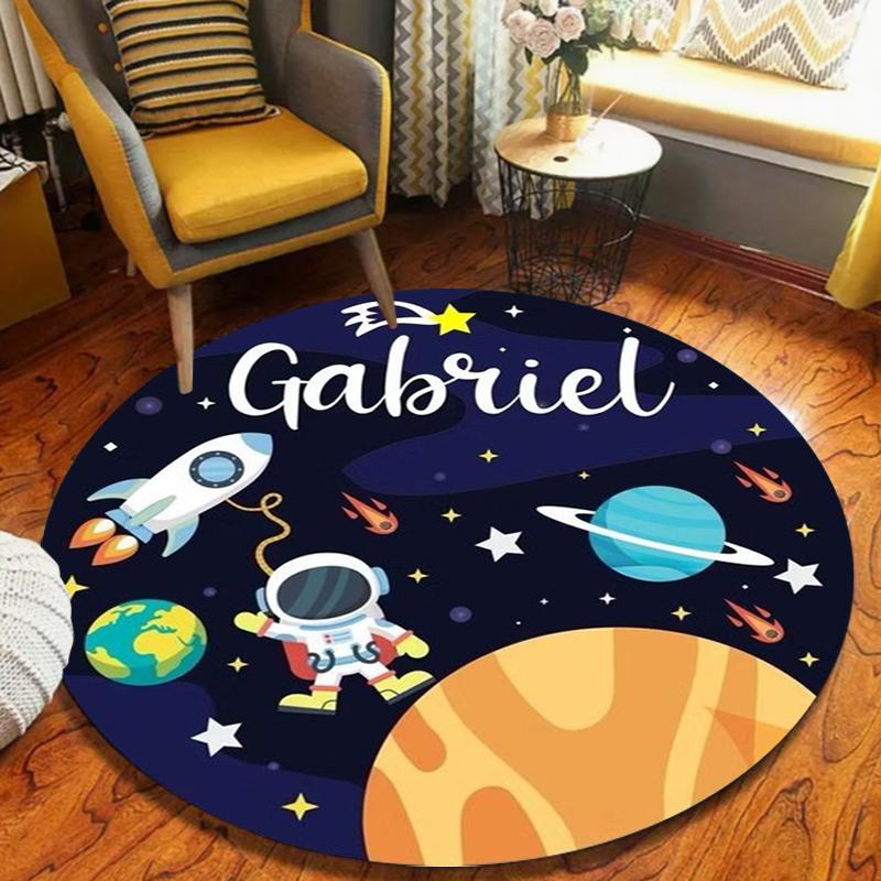 Cosmic Planet Round Rug Cartoon Space Astronaut Pattern Home Decor Carpet Soft Non-Slip Floor Mat for Kids Room Living Room
