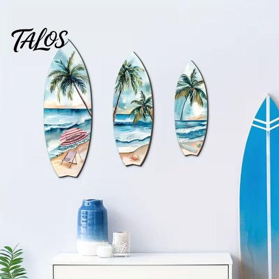 Artistieke Surfplank Huisaccent 3 Delen Houten Wandkunst Decoratie, Natuurlijk Hout Hangend Bord, Warme Nerf Decoratie Lichtgewicht Tropisch Zomer Thema