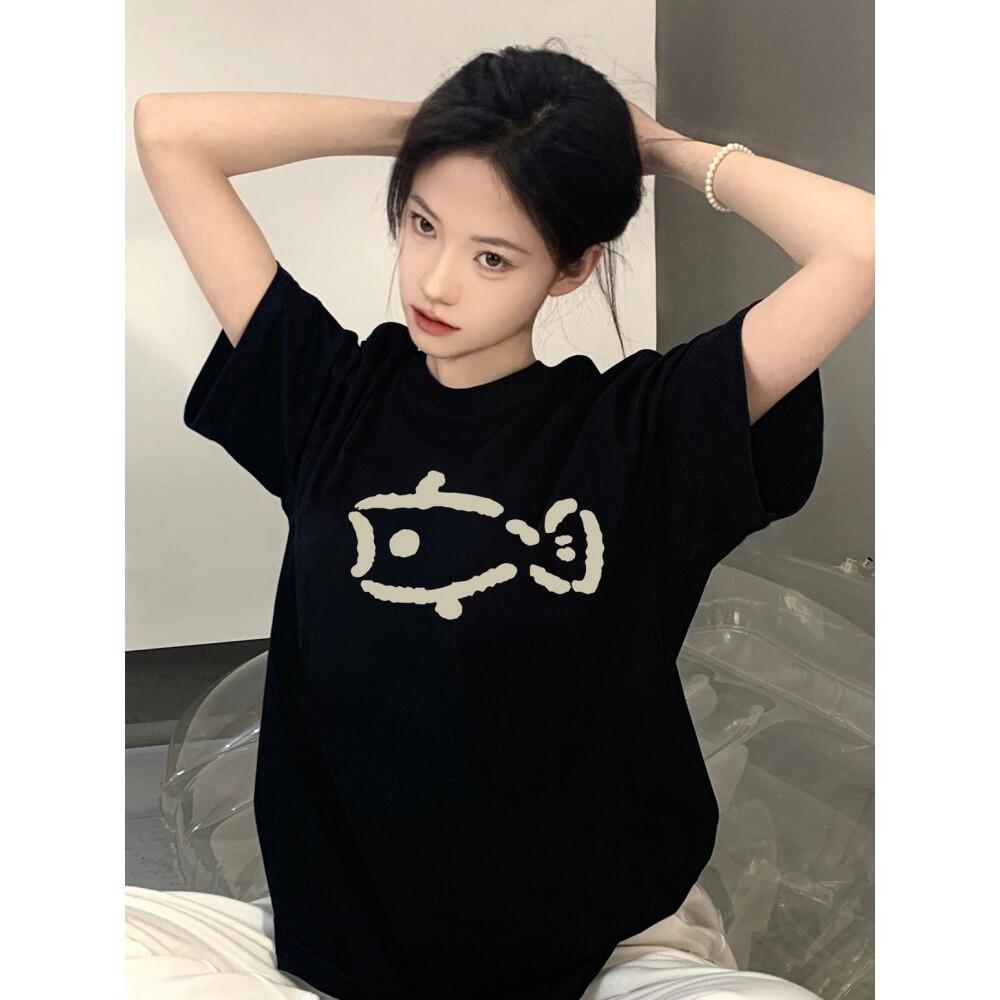 Pure cotton black short-sleeved women's t-shirt new popular summer unique design niche top loose t-shirt