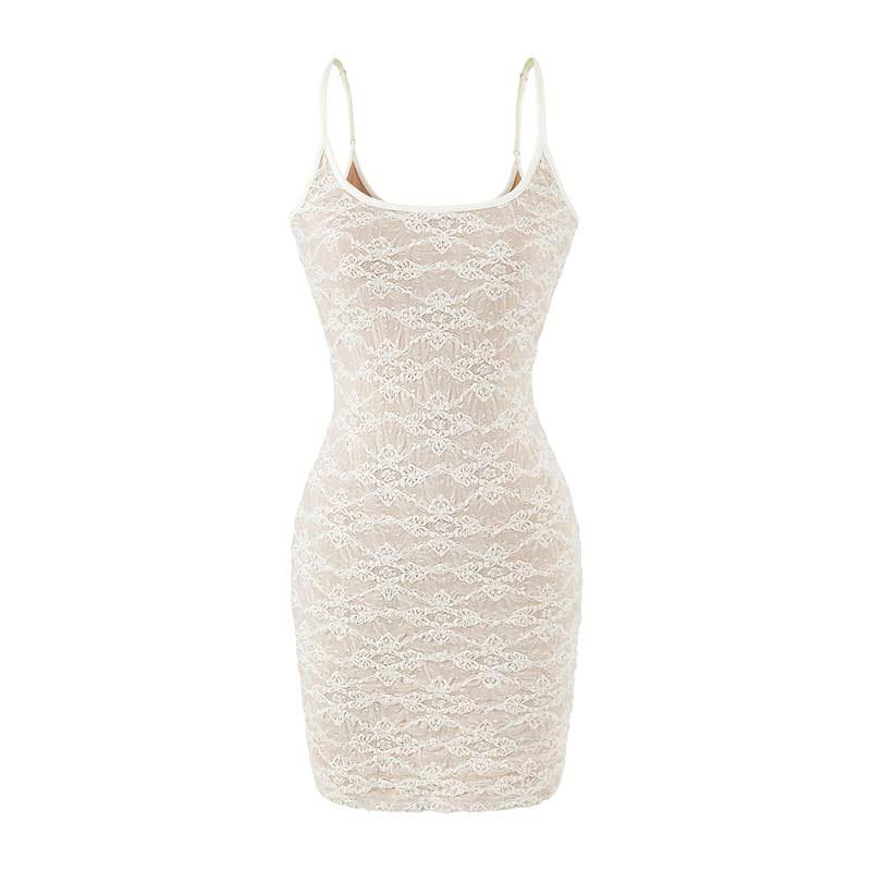 Pure Desire Lace 2-Piece Dress Set Slim Fit Cami Mini Skirt Long Sleeve Cardigan See Through