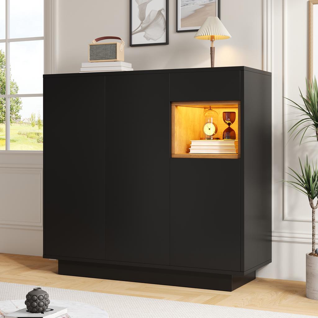 Shoe Cabinet with One Drawer and Adjustable Shelves In Black and Wood Is Perfect for Modern Hallways. It Offers Space for 14–18 Pairs of Shoes.