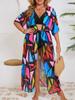 Women Plus Size Geometric Color Block Print Long Kimono Cover Up Sheer Chiffon Drawstring Waist Bikini Cardigan Summer Beach Swim Cover Robe