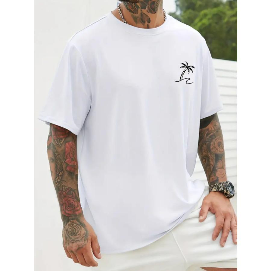 Men's 100% Cotton Coconut Tree Graphic Print T-shirt, Casual Short Sleeve Crew Neck Tee, Men's Clothing For Outdoor