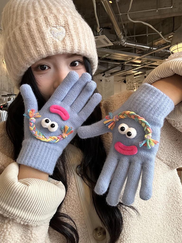 Cute funny ugly knitted gloves female warm windproof cold student electric car
