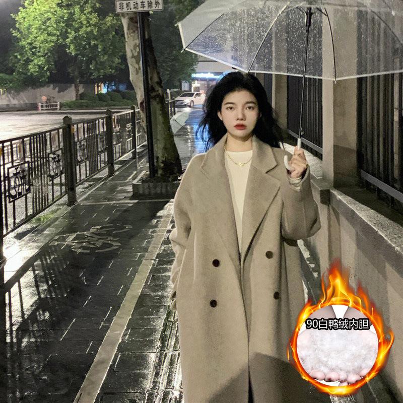 Black medium and long down jacket women's winter small man feeling down liner cashmere woolen coat coat