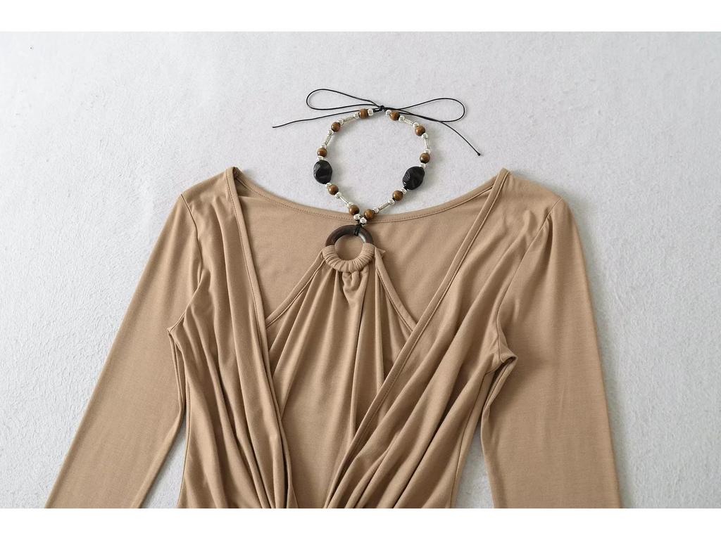 Chic Two-Piece Illusion Halter Neck Beaded Long Sleeve Ruched Top for Fall