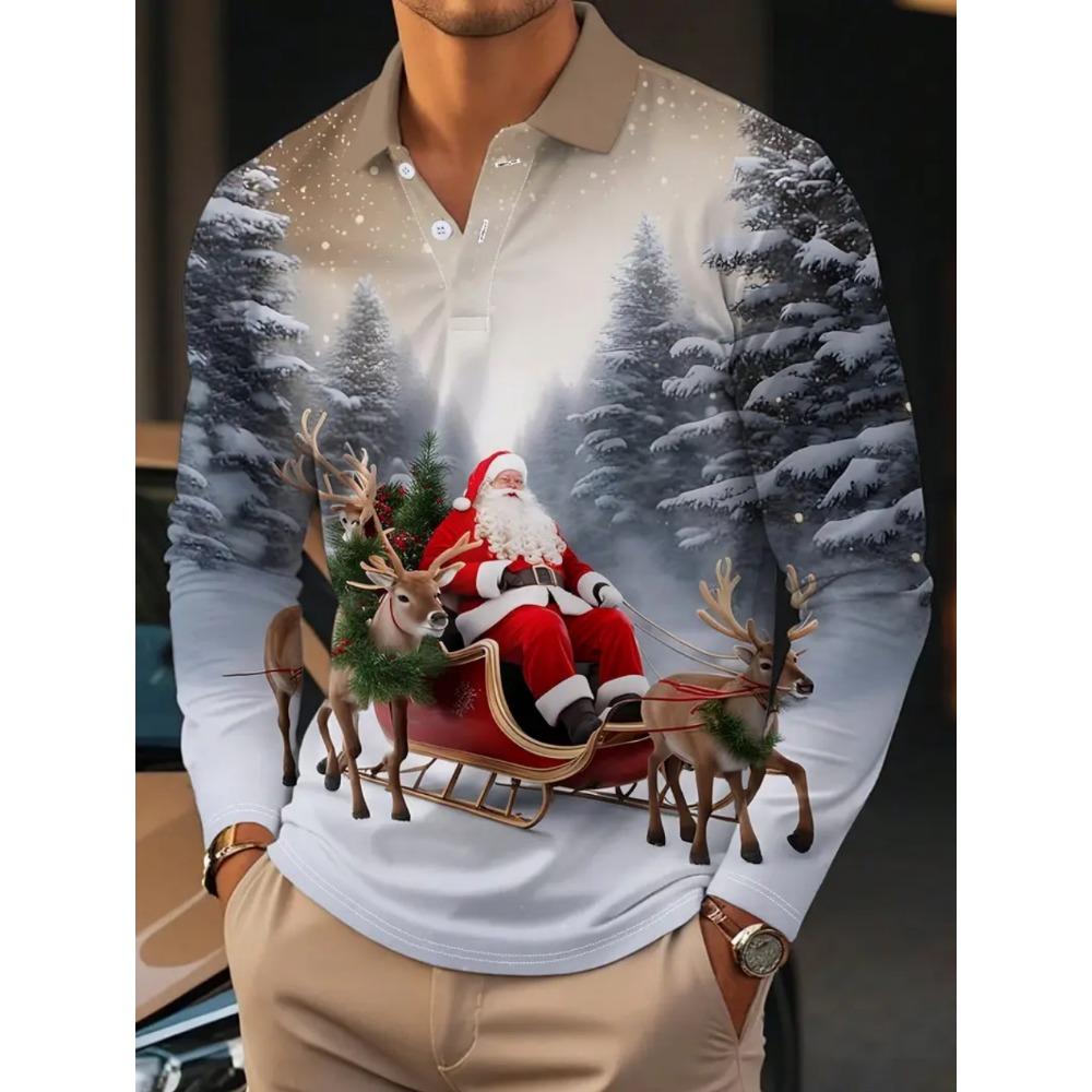 Christmas Men's Polo Shirt Santa Claus 3d Print Autumn Long Sleeve Shirt Casual T-shirt for Man Fashion Harajuku Men's Clothing