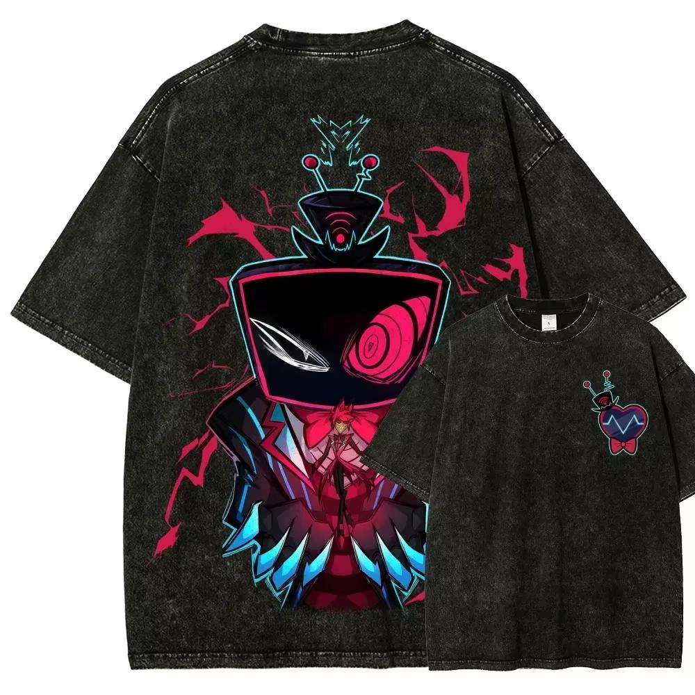 2026 Hot Sale Hazbin Hotel Couple Graphic Print T-shirt Men Women Matching Outfits Fashion Vintage Washed Cotton T-shirt L