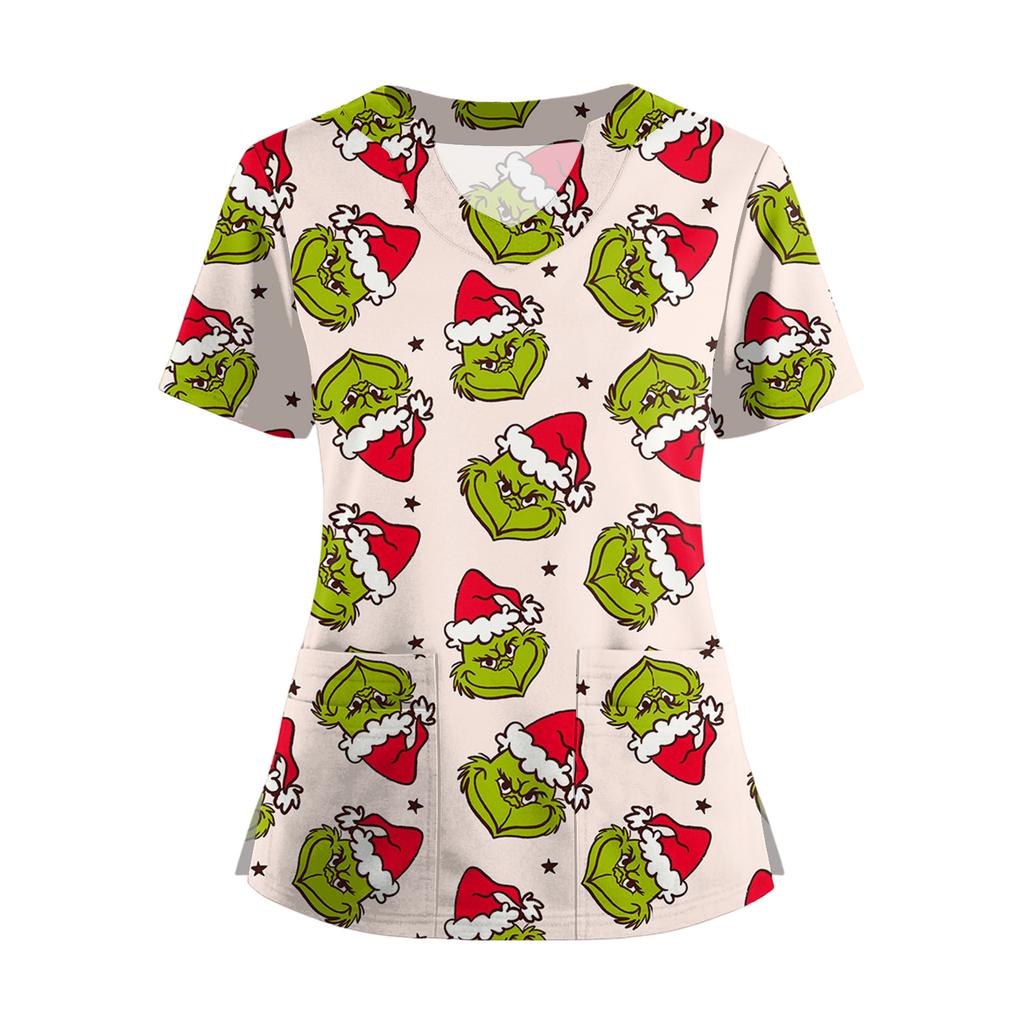 Women's Short Sleeved Christmas Printed V-neck Buttonable Side Slit Top T-shirt