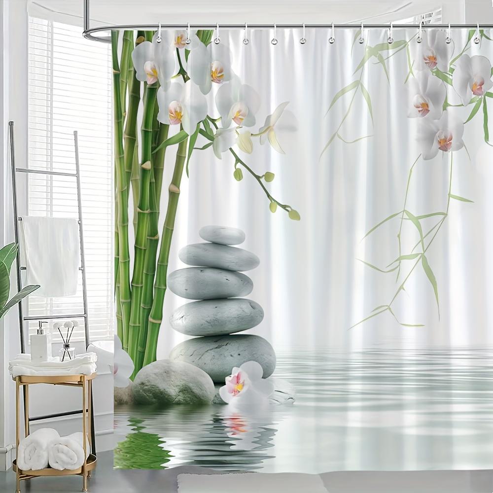Waterproof Shower Curtain with Zen Inspired Design Featuring Stacked Stones Bamboo and Orchids for a Relaxing Bathroom