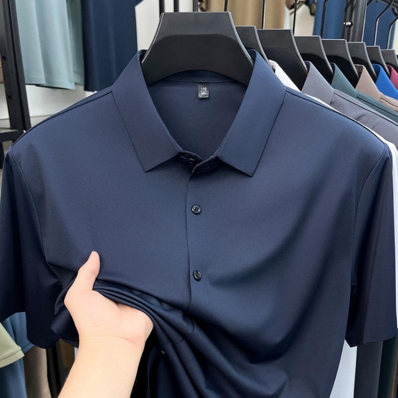 Men's White Ice Silk Seamless Short Sleeve Dress Shirt For Business And Casual Wear