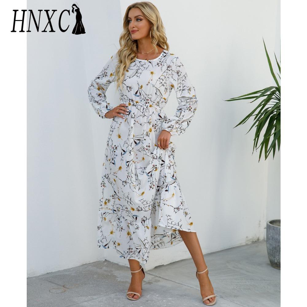 HNXC Spring Summer Bohemian Women Maxi Dress Casual Long Sleeve High Waist Beach Dress Women Floral Chiffon Dresses Vestidoes Mujer New