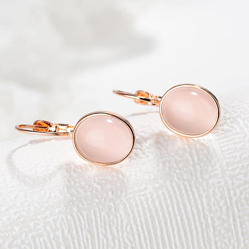 Women's Rose Gold Gemstone Earrings Elliptical Cat's Eye Stone Design Temperament Fashion Jewelry Romantic Dating Gift Accessories