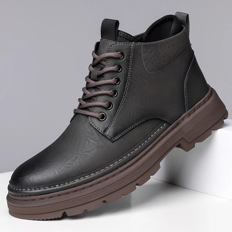 New Men's Boots High Top Leather Shoes Genuine Leather Breathable High Quality Casual Shoes Retro Fashion Lace Up Work Men Shoes