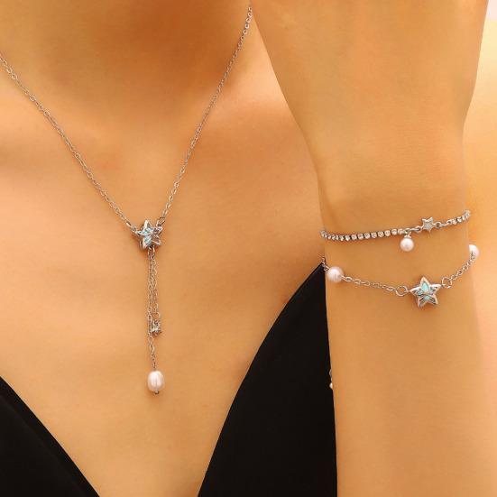 Earrings Necklace Star Shape Ear Studs with Imitation Pearl Detail Adjustable Chain Bracelet Dating Gatherings Jewelry Gift