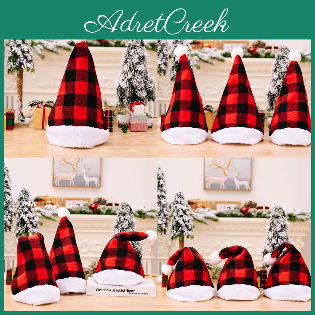 Festive Red And Black Checkered Christmas Hat With Soft White Pom Poms For Holiday Celebrations