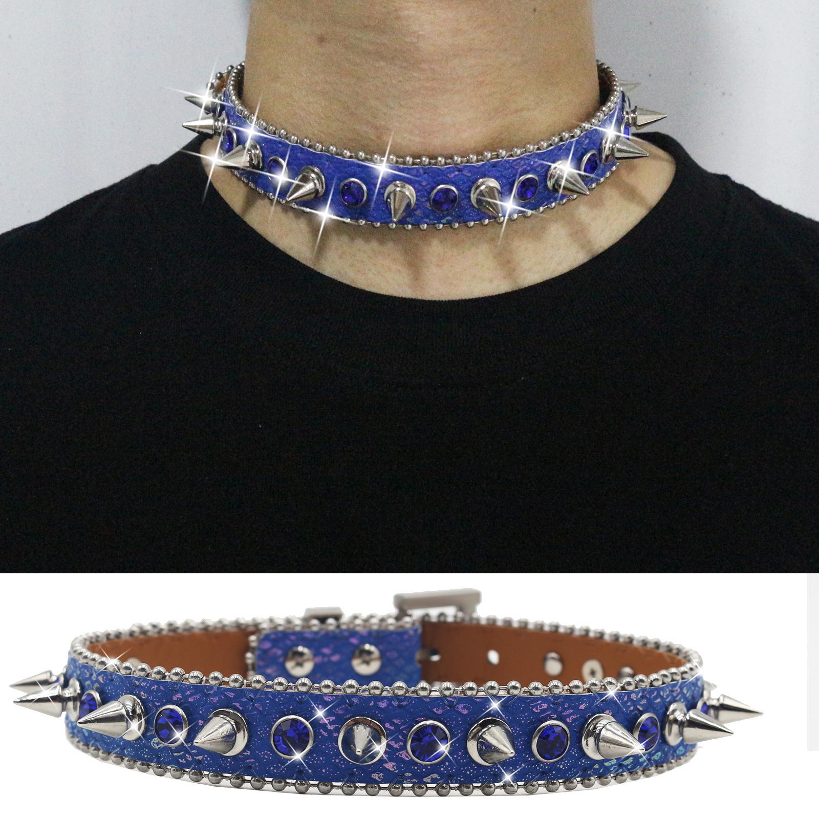 Y2K Yabi Harajuku Punk Rhinestone Rivet Spiked Leather Choker Necklace for Women небесно-голубой