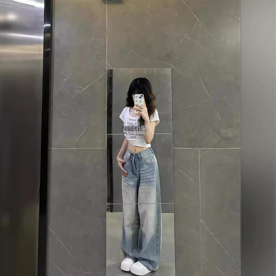 Plus-Size Women s Retro Washed High-Waist Wide-Leg Denim Jeans Medium синий