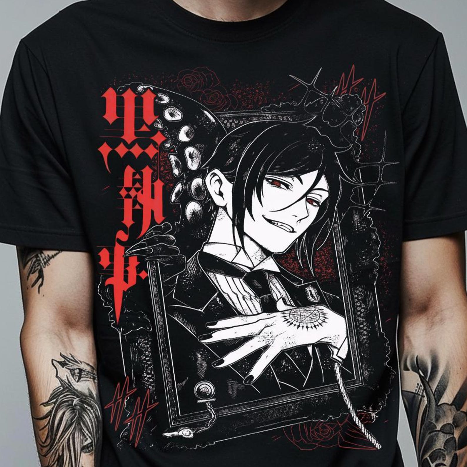 Unisex Black Butler Anime Shirt, Ciel Phantomhive & Sebastian Shirt, Toboso Yana, Japanese Anime Graphic Tee Kuroshitsuji Manga Gift T-Shirt 2XL
