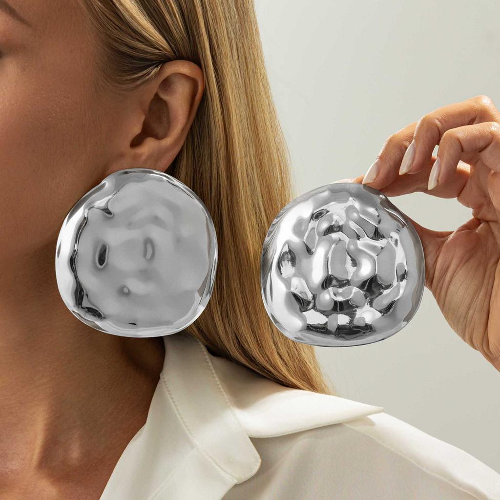 Orecchini a Bottone a Forma di Cuore Metallici Lucidi Lava Liquida da Donna, Orecchini Geometrici a Pieghe Irregolari