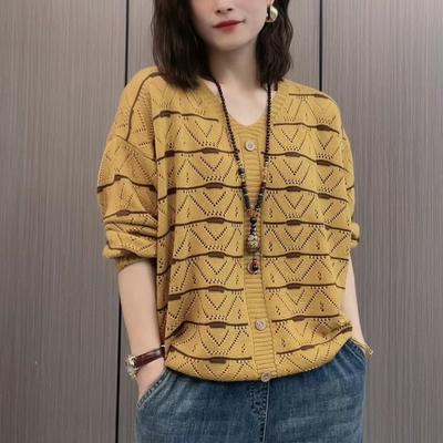 Lente Dames Gebreide V-Hals Losse Cover Holle Trui Veelzijdige Stijl Lange Mouw Top Trendy